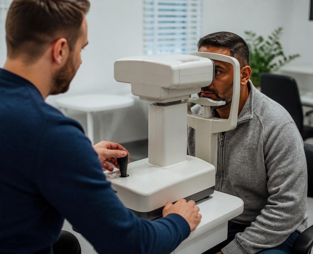 A worker completing a vision assessment in a modern occupational health clinic